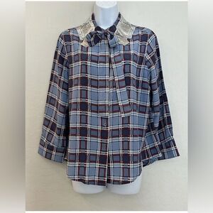 Marc Jacobs Sequined Collar Top Dusty Bordeaux Plaid 8 Button Down Office Siren
